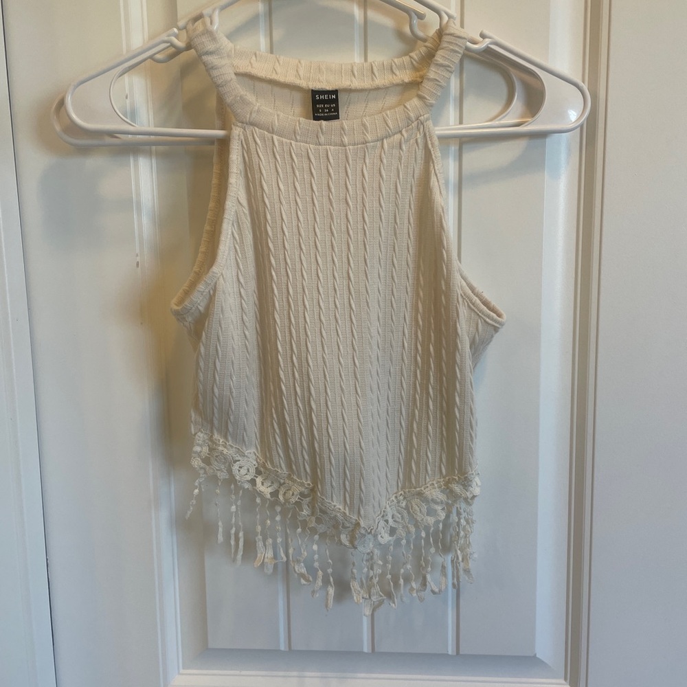 Sleeveless Cream Crop Top with Fringe Detail